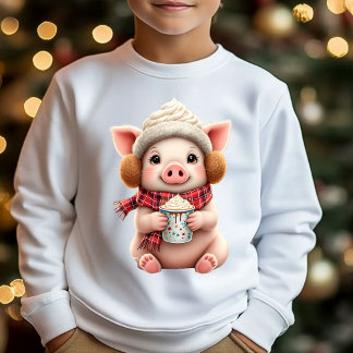 Cute Winter Pig With Hot Cocoa Illustration T-Shir Tri-Blend Shirts