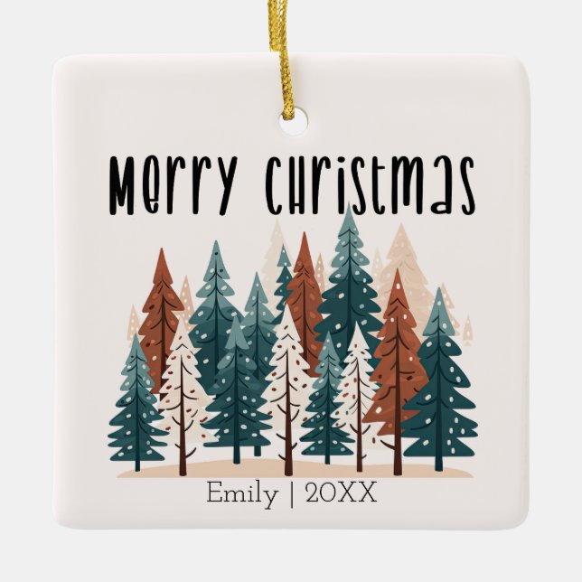 Cute Winter Pine Woodland Christmas  Ceramic Ornament (Front)