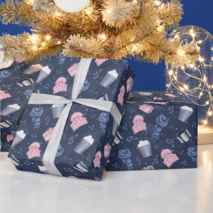 Cute Winter Pink Blue Beanie Hat Scarf Pattern Wrapping Paper