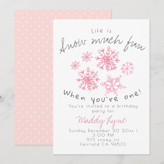 Cute winter pink snowflake 1st birthday invite (Front/Back)