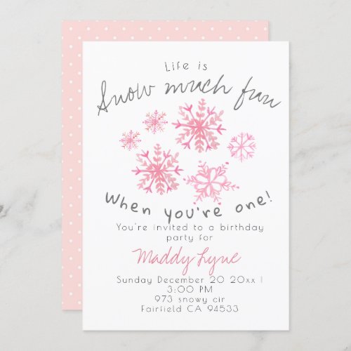 Cute winter pink snowflake 1st birthday invite