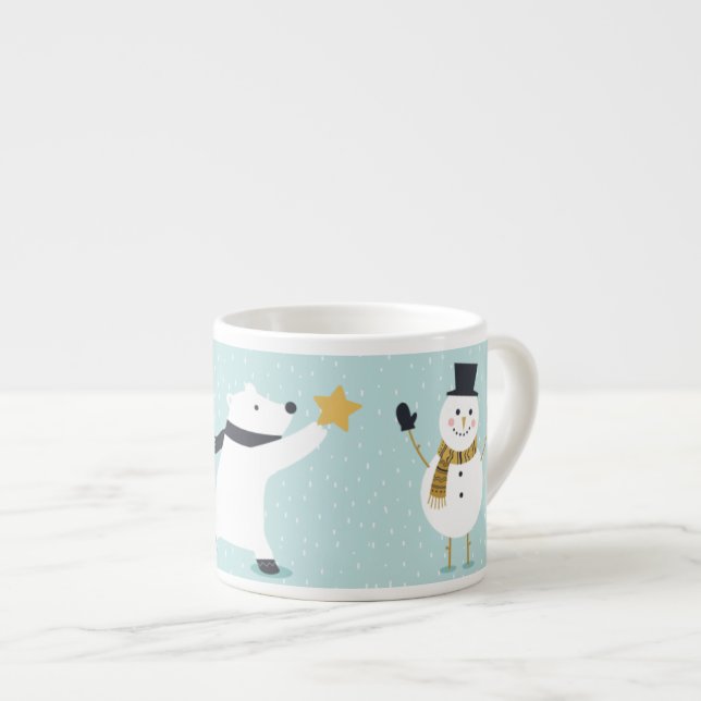 Cute Winter Polar Bear and Snowman Art  Espresso Cup (Front Right)