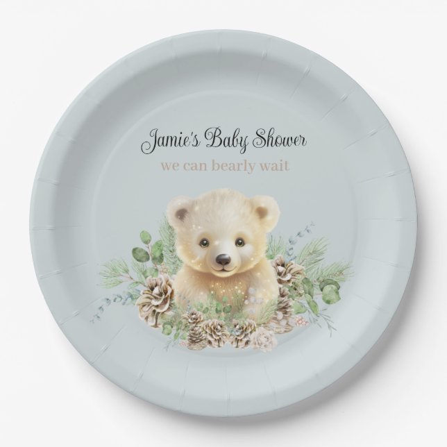 Cute Winter Polar Bear Blue Boy Baby Shower Paper Plates (Front)