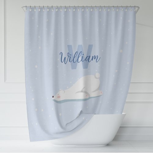 Cute Winter Polar Bear Custom Name Nursery Decor Shower Curtain