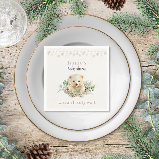 Cute Winter Polar Bear Gender Neutral Baby Shower Napkins (cute creamy white beige polar bear winter baby shower cocktail napkins personalized christmas theme)