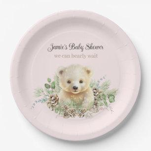 Cute Winter Polar Bear Pink Girl Baby Shower Paper Plates