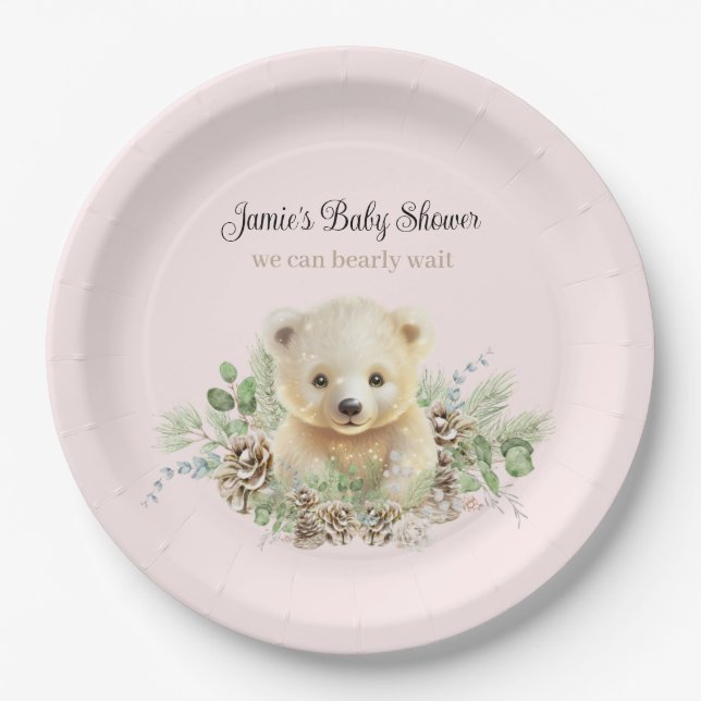 Cute Winter Polar Bear Pink Girl Baby Shower Paper Plates (Front)