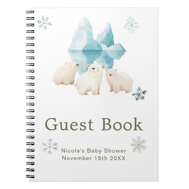 Cute Winter Polar Bears Baby Shower Guest Book (Front)