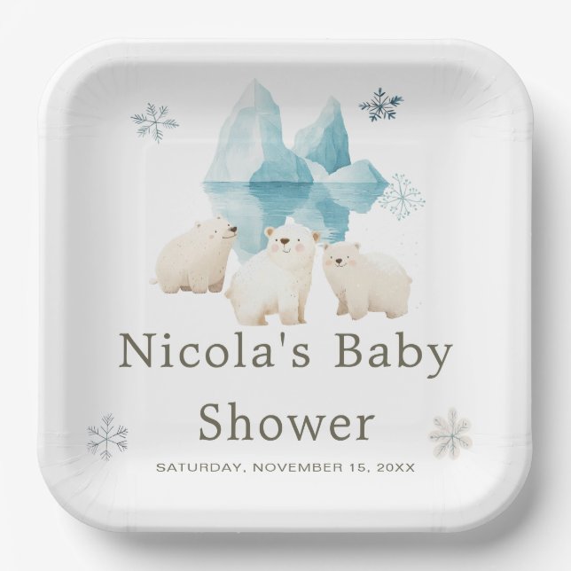 Cute Winter Polar Bears Baby Shower Paper Plates (Front)
