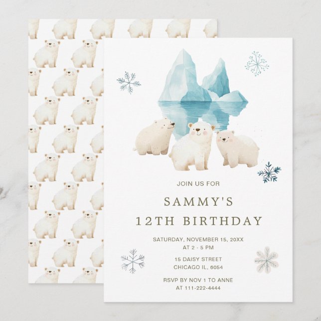 Cute Winter Polar Bears Birthday Party Invitation (Front/Back)