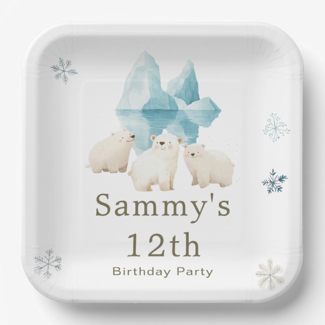 Cute Winter Polar Bears Birthday Party Paper Plates (Front)