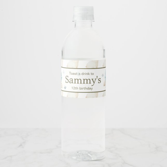 Cute Winter Polar Bears Birthday Party Water Bottle Label (Front)