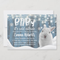 Cute Winter Rabbit Dusty Blue Barn Baby Shower Invitation