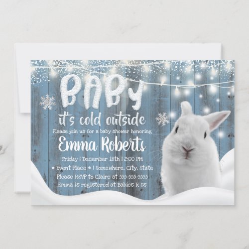 Cute Winter Rabbit Dusty Blue Barn Baby Shower Invitation