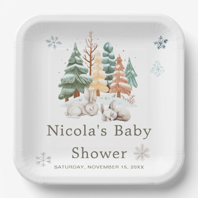 Cute Winter Rabbits Baby Shower  Paper Plates (Front)