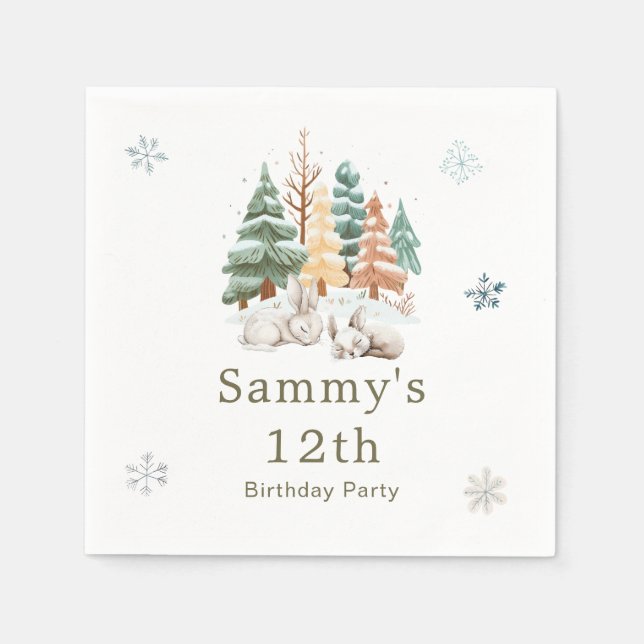 Cute Winter Rabbits Birthday Party Napkins (Front)
