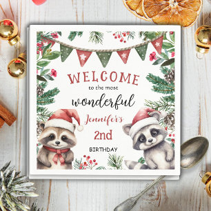 Cute Winter Raccoon Christmas 2nd Birthday Napkin
