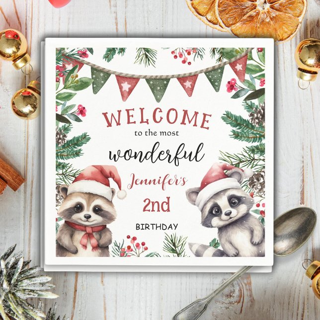 Cute Winter Raccoon Christmas 2nd Birthday Napkin (Creator Uploaded)
