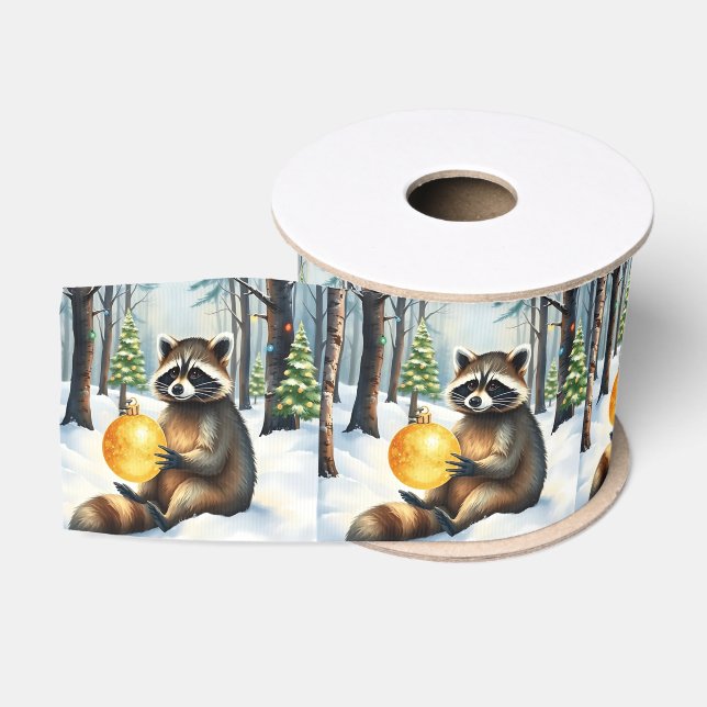 Cute Winter Raccoon with Gold Ornament Christmas Grosgrain Ribbon (Spool)