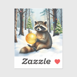 Cute Winter Raccoon with Gold Ornament Christmas Sticker