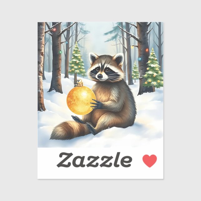 Cute Winter Raccoon with Gold Ornament Christmas Sticker (Sheet)