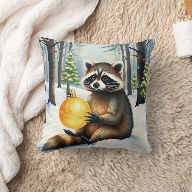 Cute Winter Raccoon with Gold Ornament Christmas Throw Pillow (Blanket)