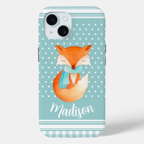 Cute winter red fox aqua white iPhone 15 case