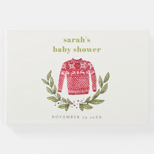 Cute Winter Red Green Ugly Sweater Baby Shower Guest Book