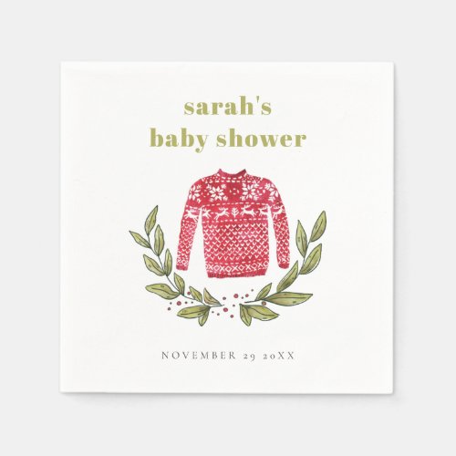Cute Winter Red Green Ugly Sweater Baby Shower Napkins