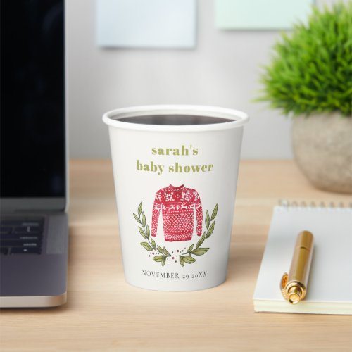 Cute Winter Red Green Ugly Sweater Baby Shower Paper Cups