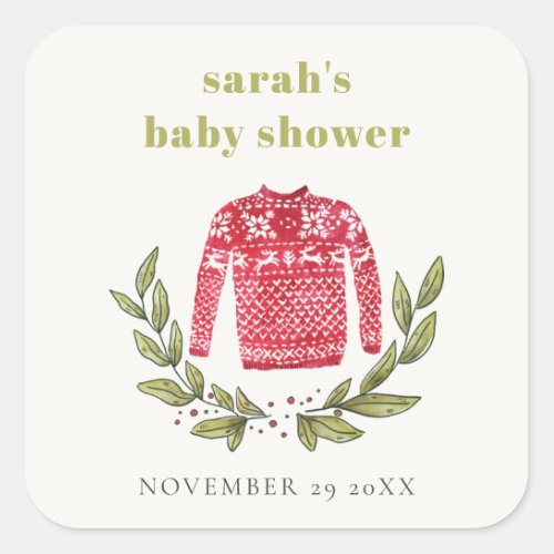 Cute Winter Red Green Ugly Sweater Baby Shower Square Sticker