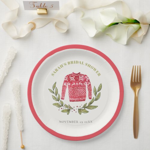 Cute Winter Red Green Ugly Sweater Bridal Shower Paper Plates