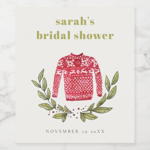 Cute Winter Red Green Ugly Sweater Bridal Shower Wine Label