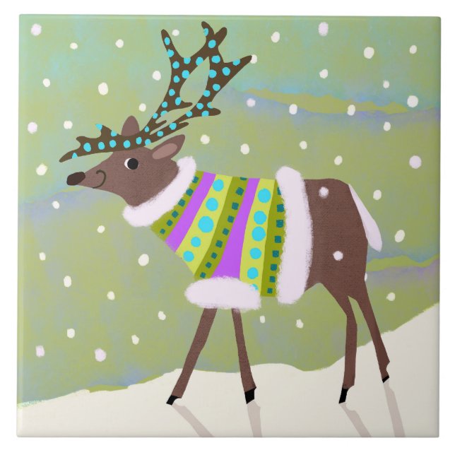 Cute Winter Reindeer Ceramic Kitchen Tile (Front)