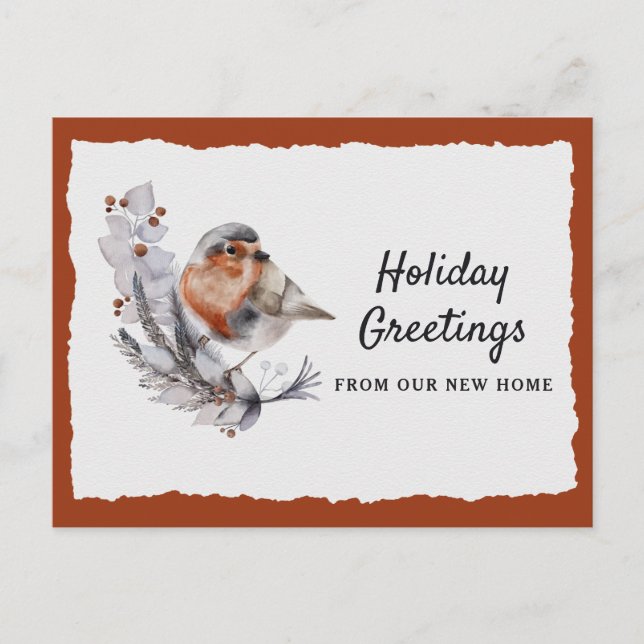 Cute Winter Robin Rust Gray Holiday Moving Announc Announcement Postcard (Front)