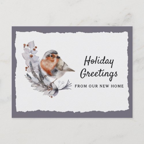 Cute Winter Robin Rust Gray Holiday Moving Announcement Postcard