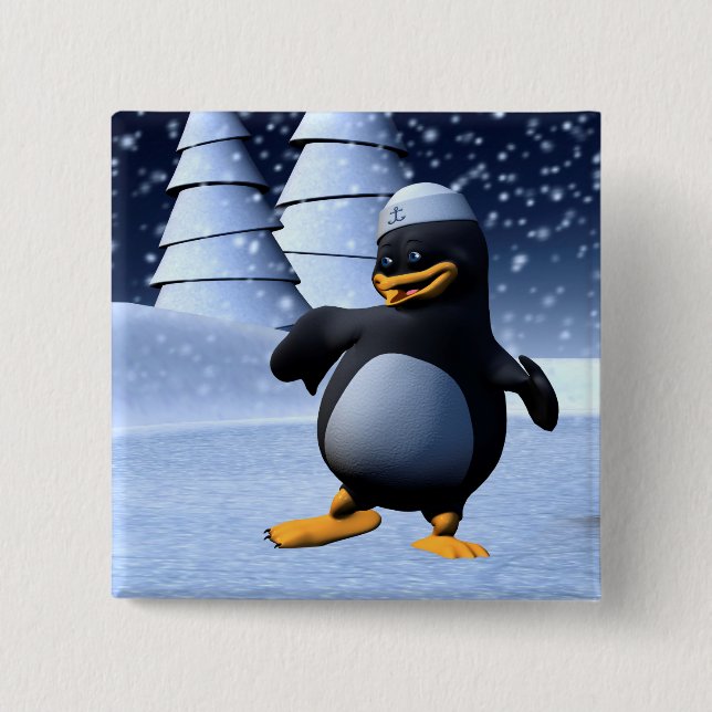Cute Winter Sailor Penguin Snowy Holiday Art Button (Front)