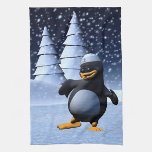 Cute Winter Sailor Penguin Snowy Holiday Art Kitchen Towel