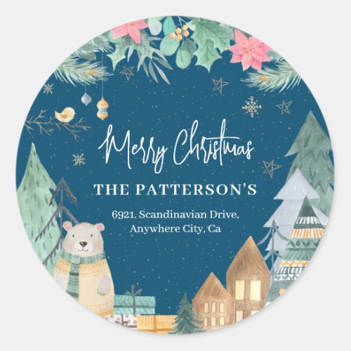 Cute Winter Scandinavian Christmas Return Address Classic Round Sticker