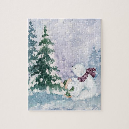 Cute Winter Scene with Mom  Baby Bear Jigsaw Puzzle