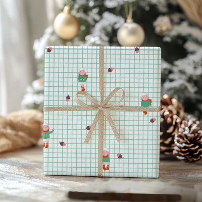 Cute Winter Sheep &amp; Acorns on Mint Grid- Christmas Wrapping Paper