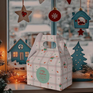 Cute Winter Sheep & Pinecones on Mint-Coral Plaid Favor Boxes