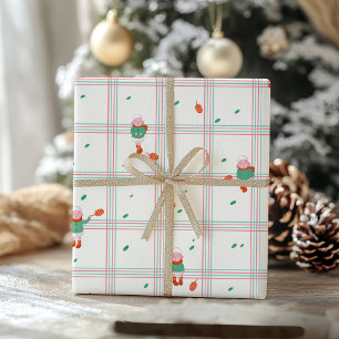 Cute Winter Sheep & Pinecones on Mint-Coral Plaid Wrapping Paper