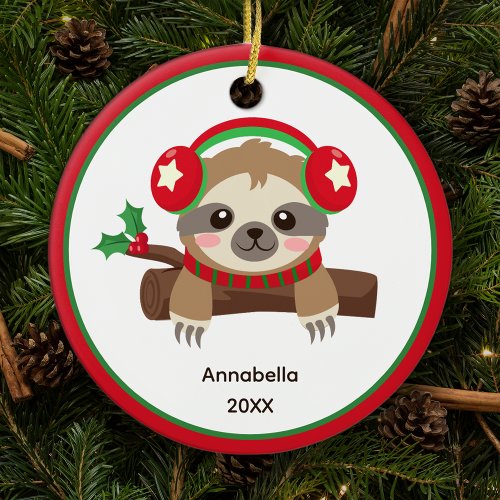 Cute Winter Sloth Personalized Kids Christmas Ceramic Ornament