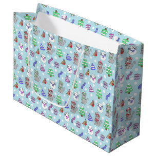 Cute Winter Snow Cat Hand Drawn Doodles Pattern Large Gift Bag