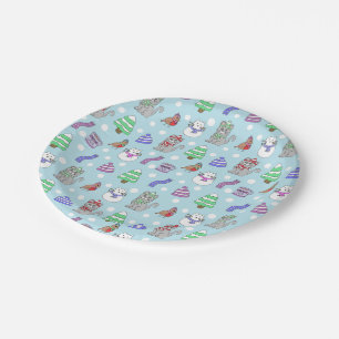 Cute Winter Snow Cat Hand Drawn Doodles Pattern Paper Plates