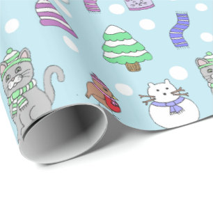 Cute Winter Snow Cat Pattern Wrapping Paper
