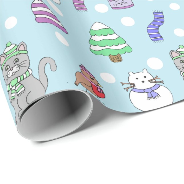 Cute Winter Snow Cat Pattern Wrapping Paper (Roll Corner)