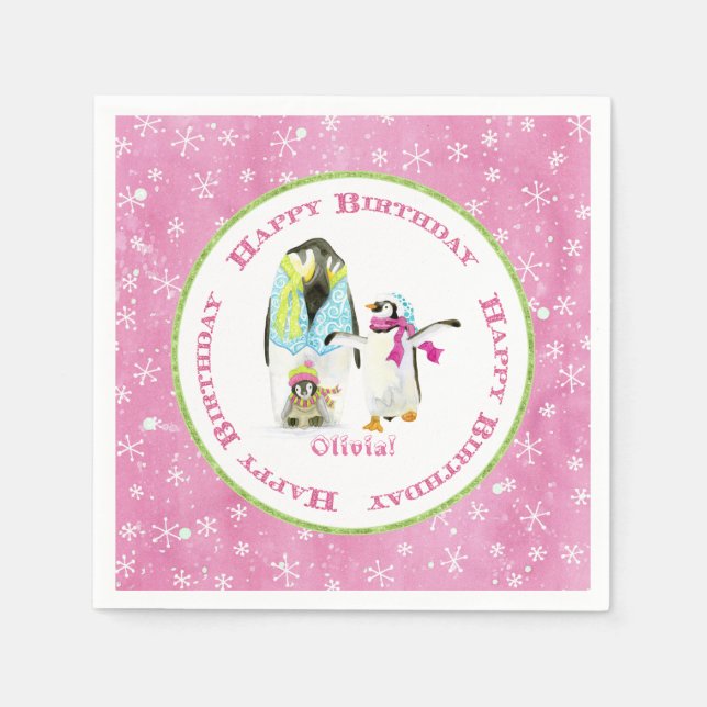 Cute Winter Snow Penguins Birthday Party Girl Pink Paper Napkins (Front)
