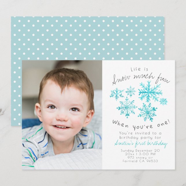 Cute winter snowflake first birthday photo invite (Front/Back)